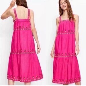 LOFT Pink Embroidered Linen Blend Dress Tiered Square Neck Midi Size XL